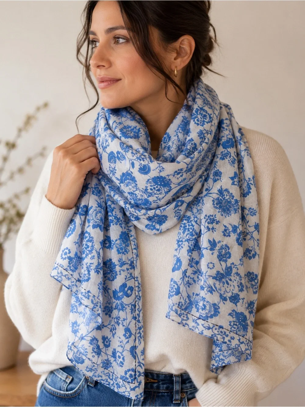 JOIE long 100% cotton Blue & White Floral Embroidered Scarf 40” X 72” , NWT